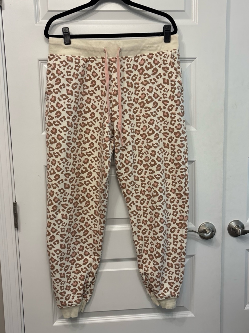 UGG Cream Joggers with Tan Leopard Print and Pink Drawstring